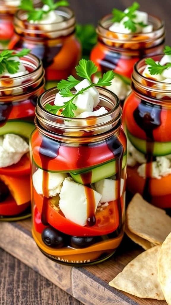 Colorful Mediterranean appetizer jars with layers of peppers, tomatoes, olives, and feta, served with pita chips on a wooden table.